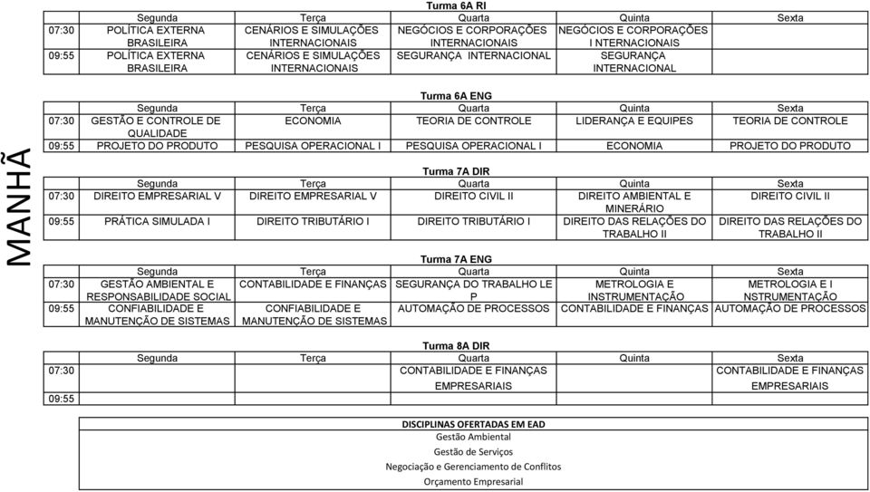 OPERACIONAL I PESQUISA OPERACIONAL I ECONOMIA PROJETO DO PRODUTO Turma 7A DIR 07:30 DIREITO EMPRESARIAL V DIREITO EMPRESARIAL V DIREITO CIVIL II DIREITO AMBIENTAL E DIREITO CIVIL II MINERÁRIO 09:55