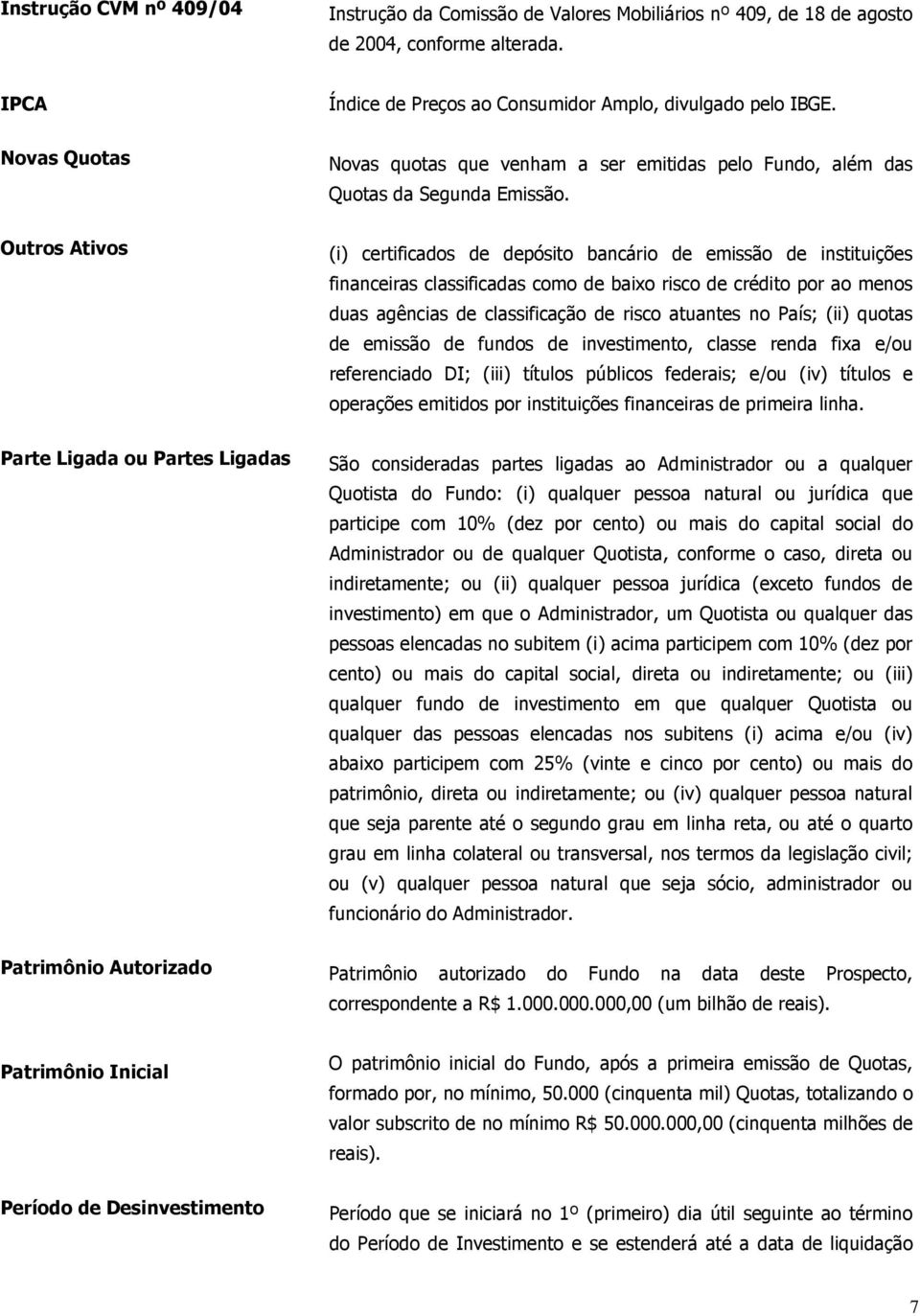 Outros Ativos (i) certificados de depósito bancário de emissão de instituições financeiras classificadas como de baixo risco de crédito por ao menos duas agências de classificação de risco atuantes