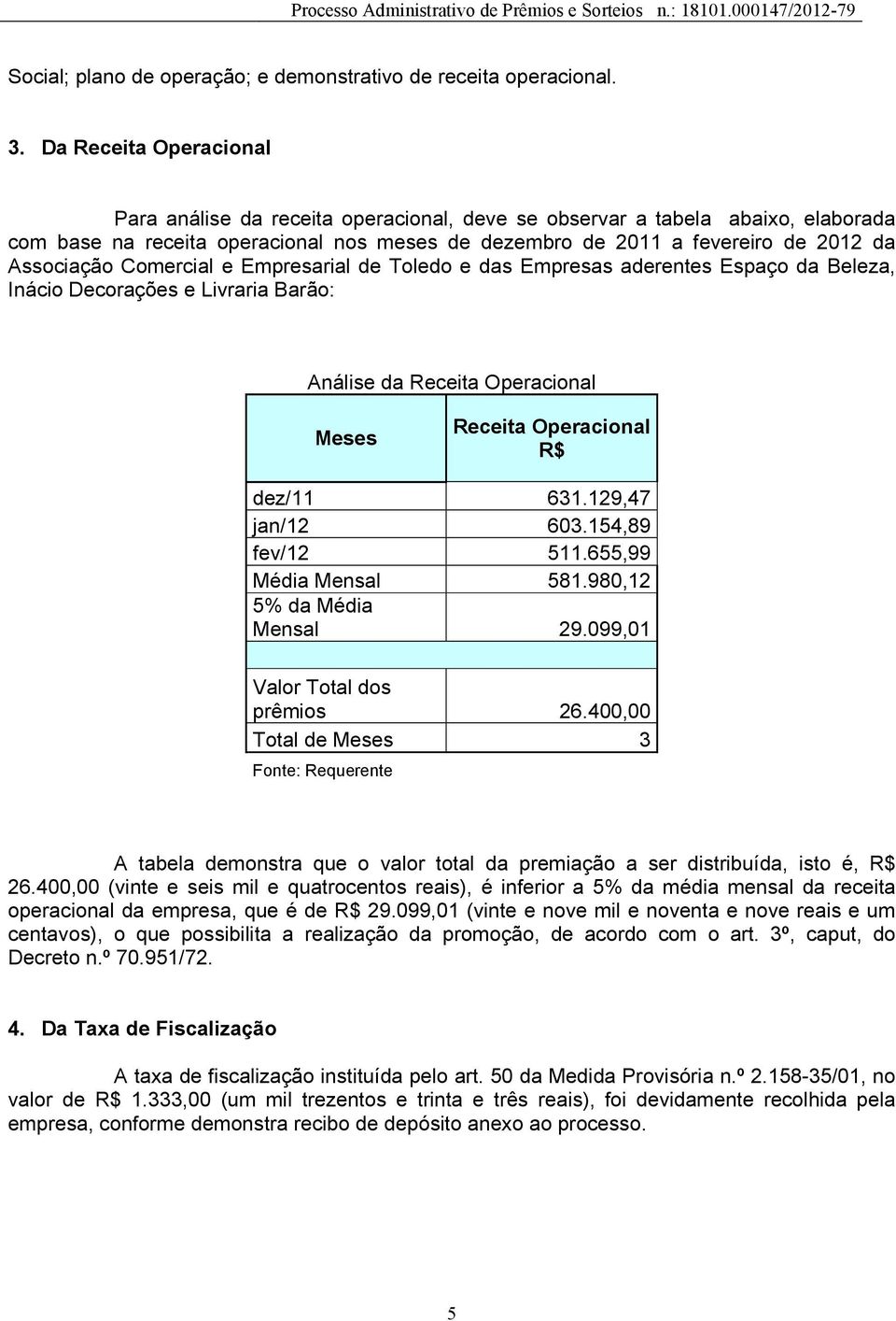 Comercial e Empresarial de Toledo e das Empresas aderentes Espaço da Beleza, Inácio Decorações e Livraria Barão: Análise da Receita Operacional Meses Receita Operacional R$ dez/11 631.