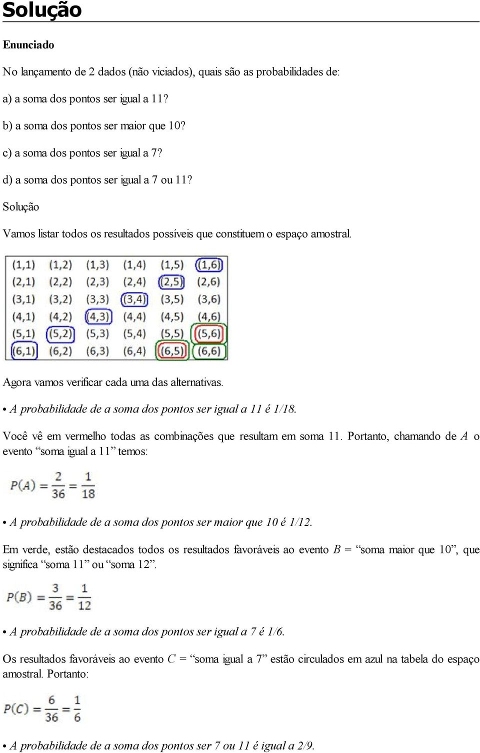 Agora vamos verificar cada uma das alternativas. A probabilidade de a soma dos pontos ser igual a 11 é 1/18. Você vê em vermelho todas as combinações que resultam em soma 11.