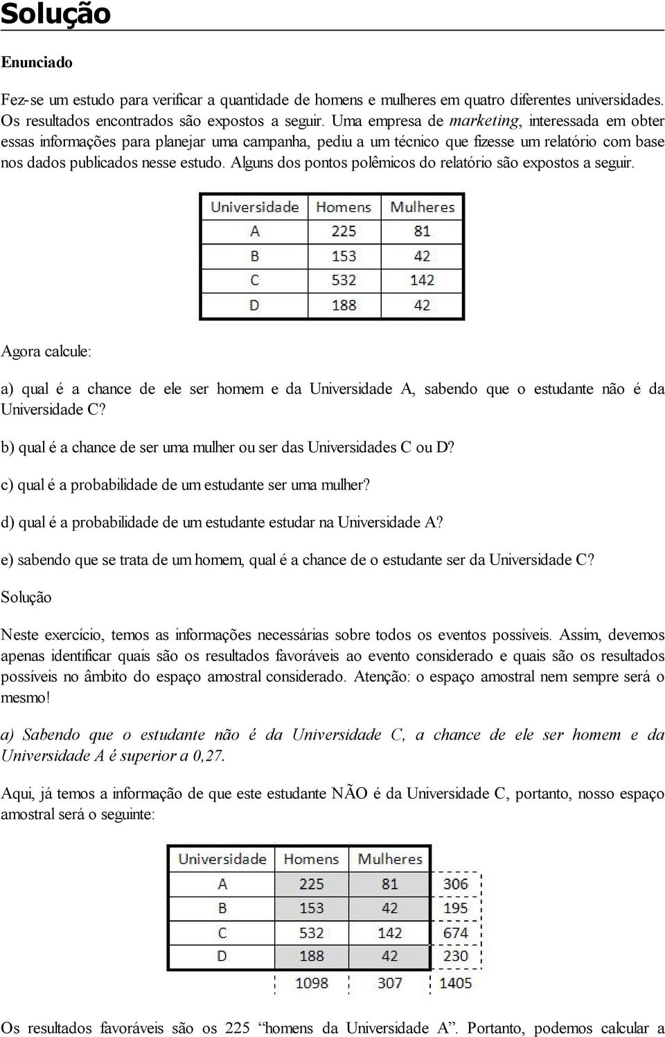 Alguns dos pontos polêmicos do relatório são expostos a seguir. Agora calcule: a) qual é a chance de ele ser homem e da Universidade A, sabendo que o estudante não é da Universidade C?