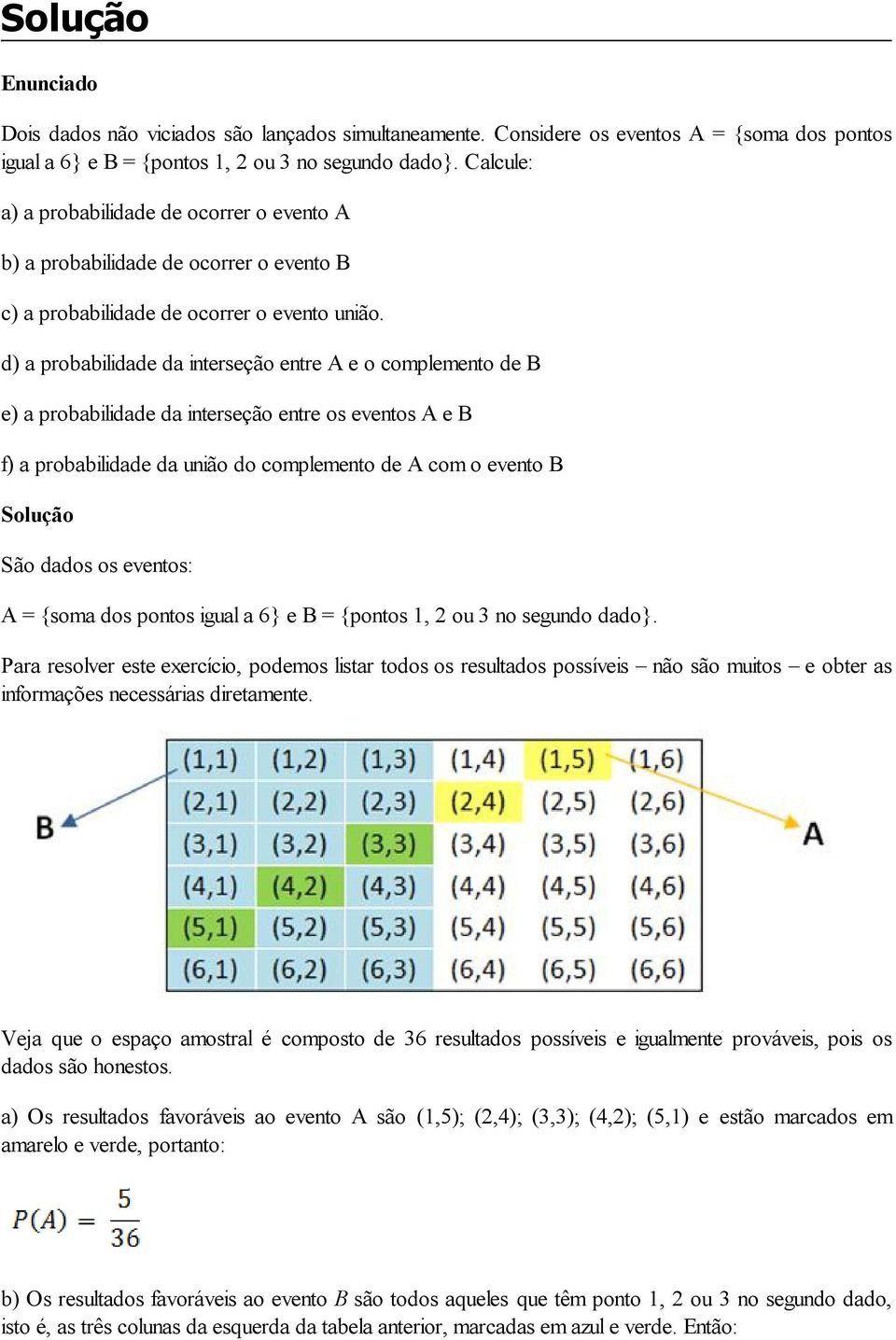 d) a probabilidade da interseção entre A e o complemento de B e) a probabilidade da interseção entre os eventos A e B f) a probabilidade da união do complemento de A com o evento B Solução São dados