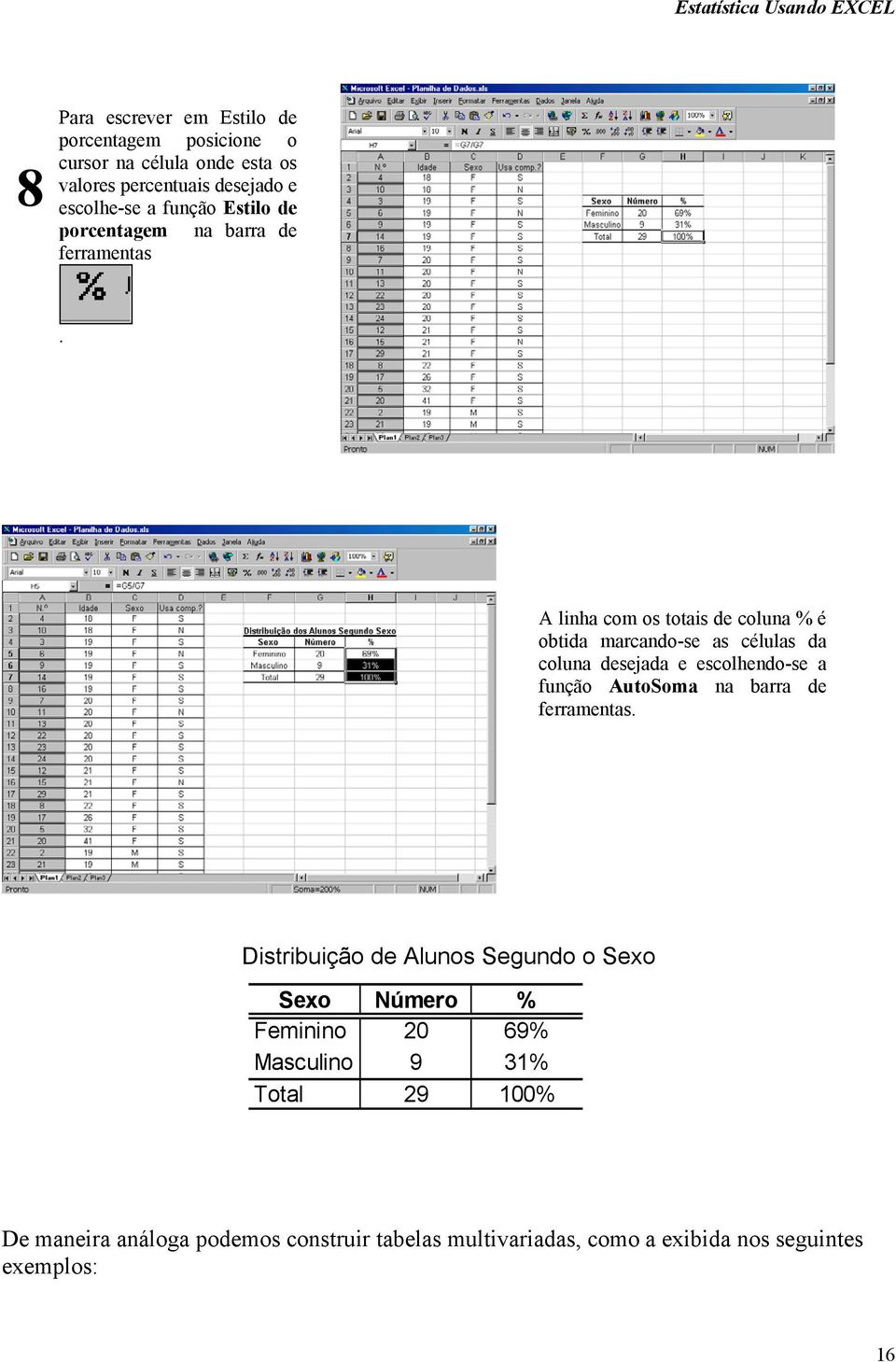 A linha com os totais de coluna % é obtida marcando-se as células da coluna desejada e escolhendo-se a função AutoSoma na barra de