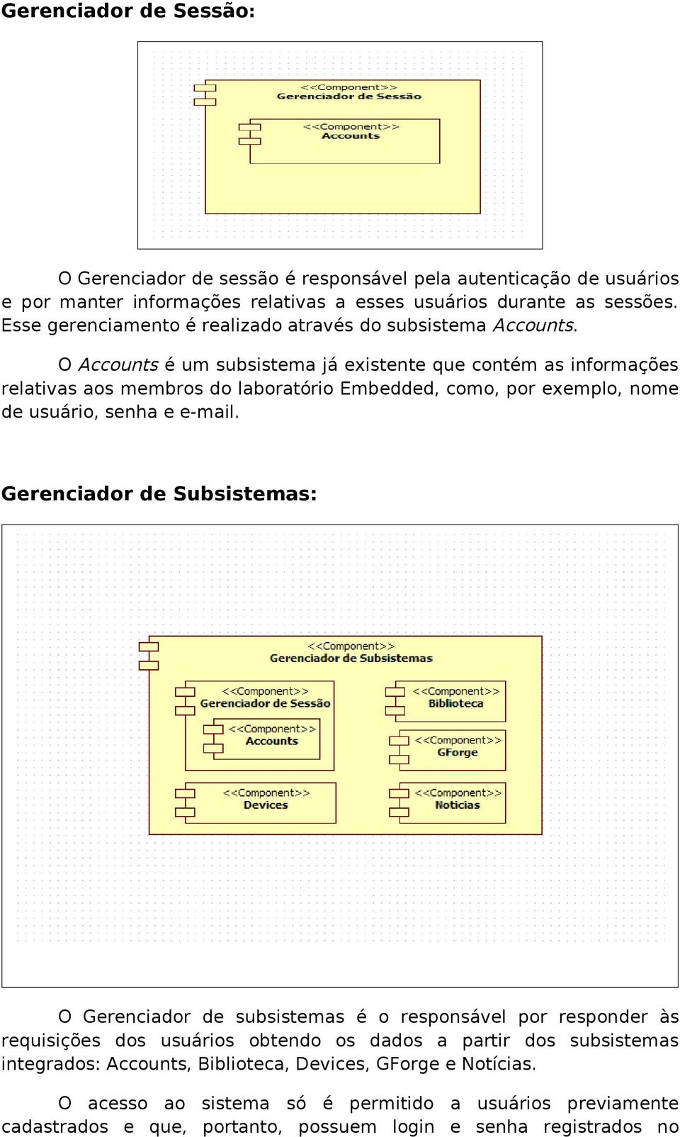 O Accounts é um subsistema já existente que contém as informações relativas aos membros do laboratório Embedded, como, por exemplo, nome de usuário, senha e e-mail.