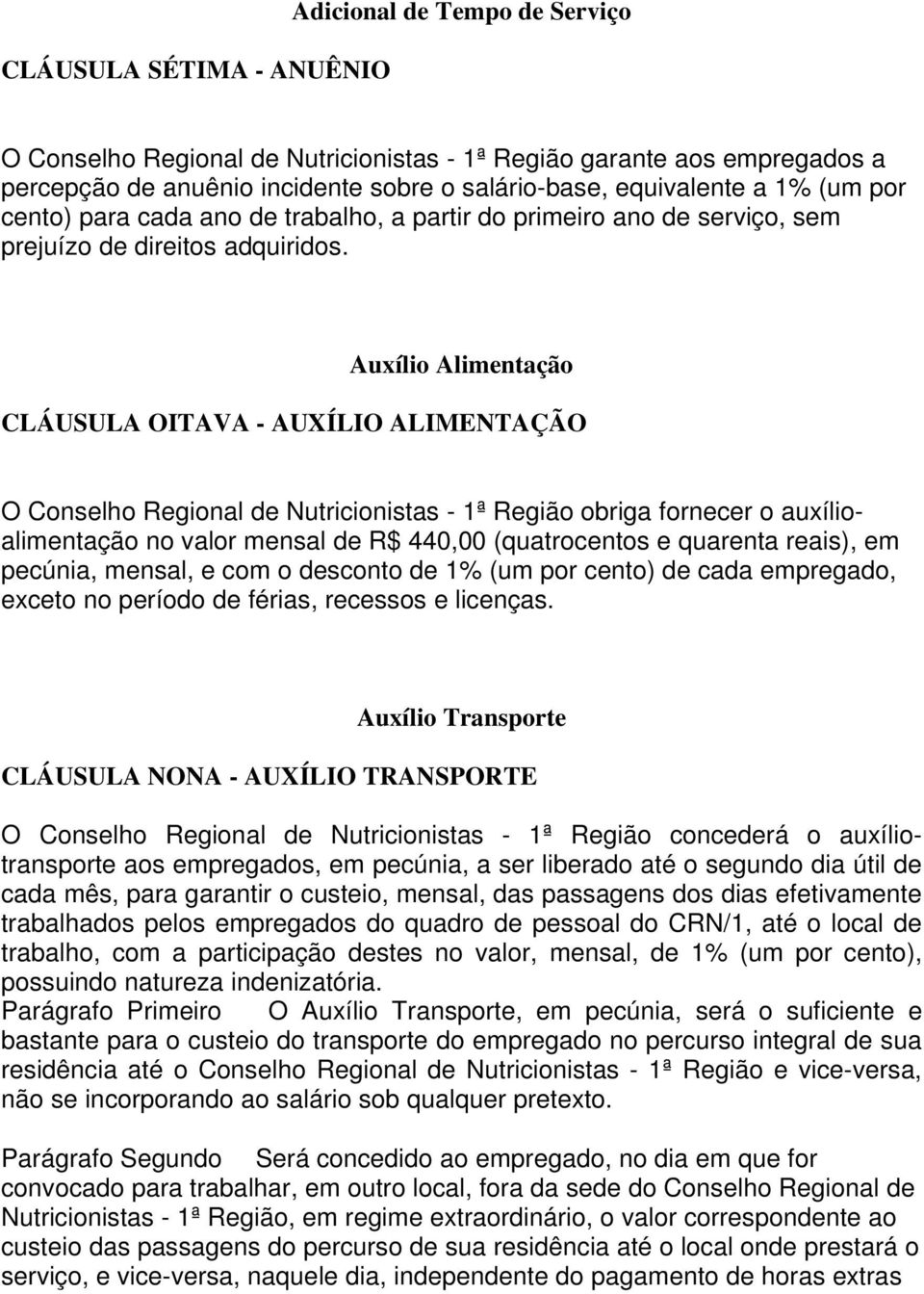 Auxílio Alimentação CLÁUSULA OITAVA - AUXÍLIO ALIMENTAÇÃO O Conselho Regional de Nutricionistas - 1ª Região obriga fornecer o auxílioalimentação no valor mensal de R$ 440,00 (quatrocentos e quarenta