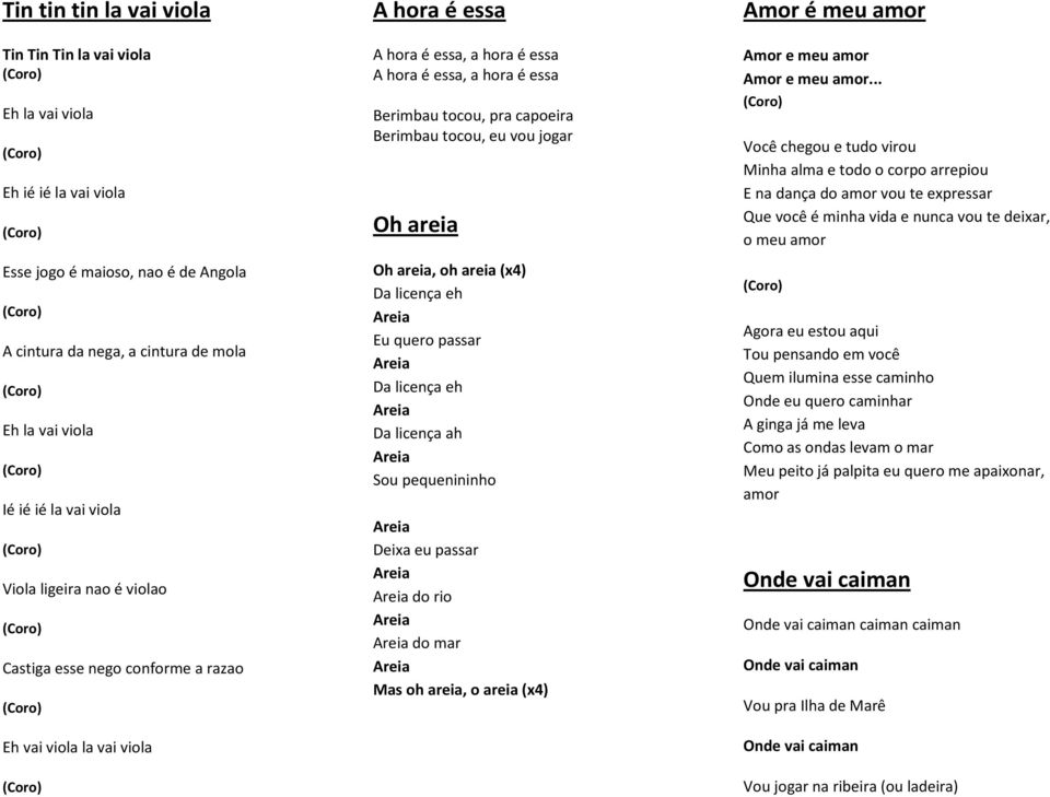 tocou, eu vou jogar Oh areia Oh areia, oh areia (x4) Da licença eh Eu quero passar Da licença eh Da licença ah Sou pequenininho Deixa eu passar do rio do mar Mas oh areia, o areia (x4) Amor é meu