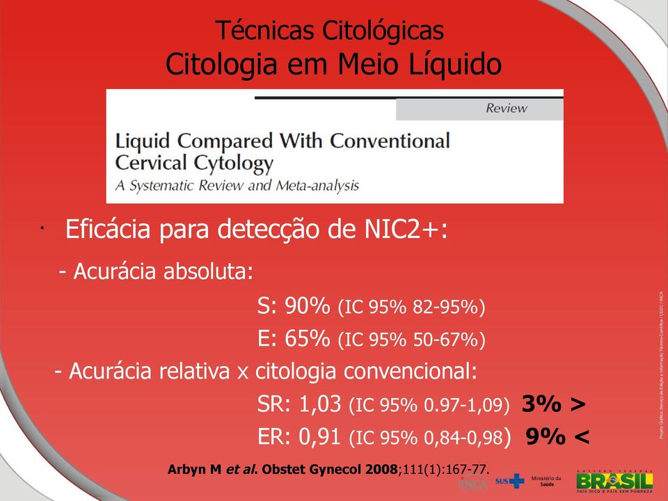 Acurácia relativa x citologia convencional: SR: 1,03 (IC 95% 0.