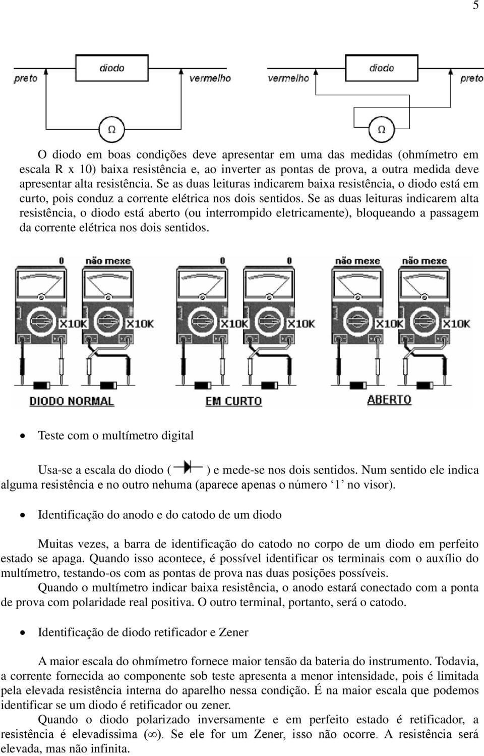 Se as duas leituras indicarem alta resistência, o diodo está aberto (ou interrompido eletricamente), bloqueando a passagem da corrente elétrica nos dois sentidos.