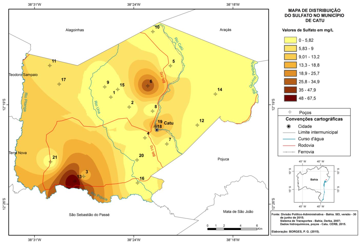 54 Figura 23 - Concentração de sulfato nas águas subterrâneas de Catu Fonte: CERB, 2015.