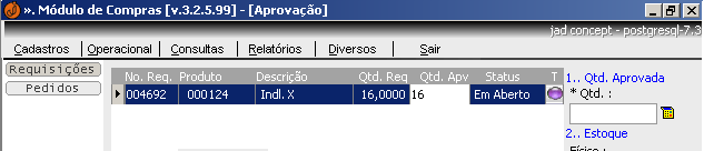 Ao clicar com o botão direito do mouse você pode optar por Aprovar, Reprovar, Aprovar Todos ou Reprovar Todos os itens da requisição. Ou você pode incluir a quantidade manualmente.