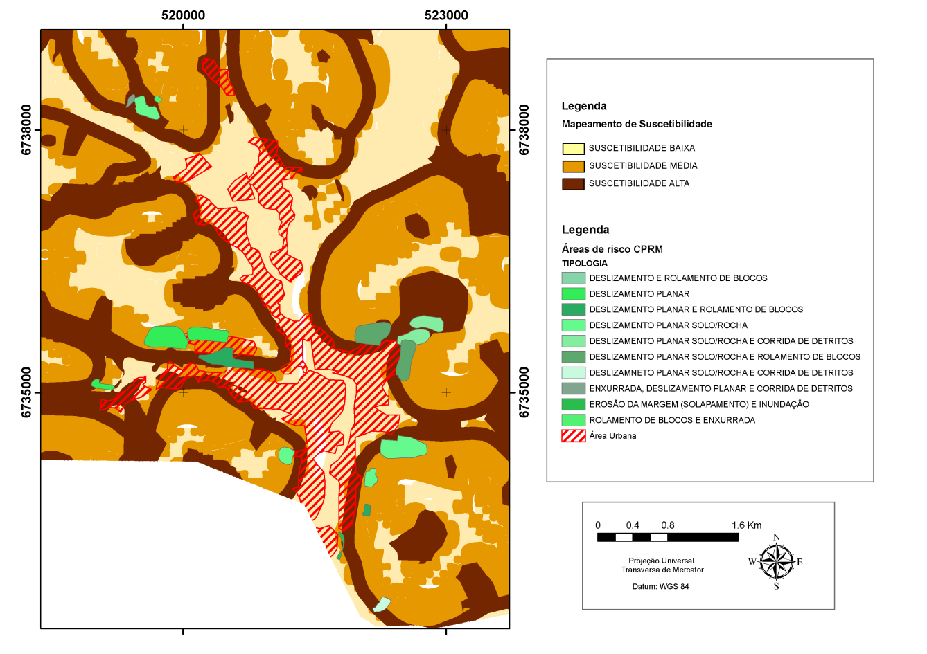 Figura 7- Mapeamento de suscetibilidade a movimentos de massa na área urbana do município de Três Coroas e zoneamento de risco elaborado pela CPRM. Elaboração: Riffel, E. S., 2016.