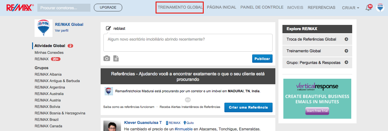 Encontre o Calendário de Eventos Para acessar o calendário, entre na sua conta da RESAAS e visite o site Treinamento Global clicando em "Treinamento Global" na barra de navegação no topo da página: