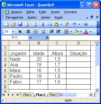 28. A tabela a seguir representa os dados de uma planilha do MS Excel 2003 com informações sobre os jogadores de um campeonato fictício: Sabendo-se que, na célula D3, foi digitada a fórmula: