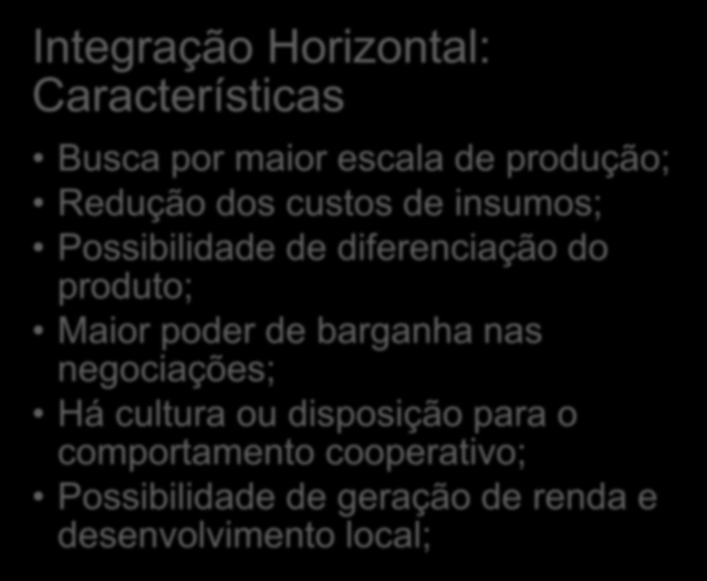 Integração Horizontal: Características Busca por maior escala de produção; Redução dos custos de insumos; Possibilidade de diferenciação do produto;
