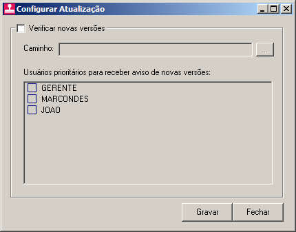 4. Clique no botão OK, para visualizar o relatório. 5. Verifique as informações exibidas, você poderá imprimir esse relatório clicando no botão, na barra de ferramentas do sistema. 6.4. Configurar Atualização A opção Configurar Atualização do menu Utilitários somente estará disponível, se o usuário ativo for o Gerente.