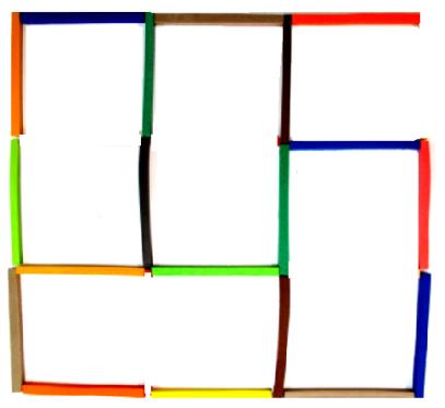 O quadrado original foi seccionado em quatro superfícies equivalentes: um quadrado, um retângulo e dois hexágonos