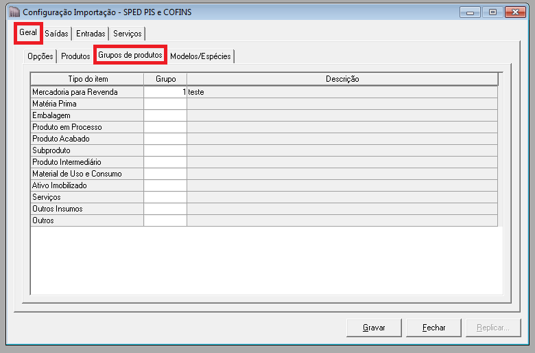 1.3- Guia Grupos de produtos Em Tipo do Item, serão demonstrados automaticamente os tipos de item.