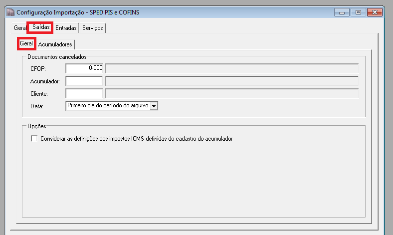 2.1- Guia Saídas, subguia Geral: Em Documentos cancelados: CFOP, informe o CFOP que deverá ser utilizado na importação das notas canceladas; Acumulador, informe o acumulador que deverá ser utilizado