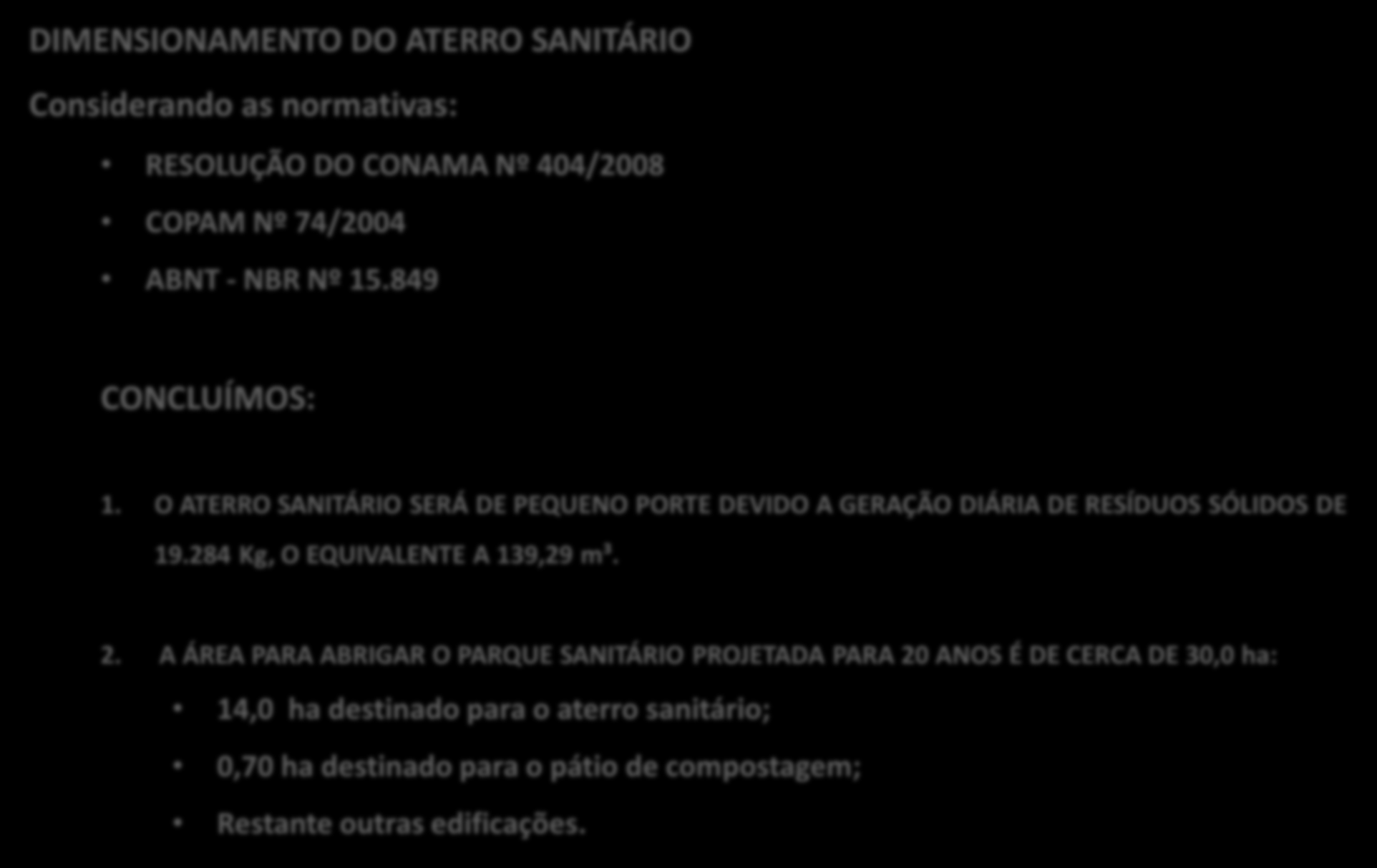 DIMENSIONAMENTO DO ATERRO SANITÁRIO Considerando as normativas: RESOLUÇÃO DO CONAMA Nº 404/2008 COPAM Nº 74/2004 ABNT - NBR Nº 15.849 CONCLUÍMOS: 1.