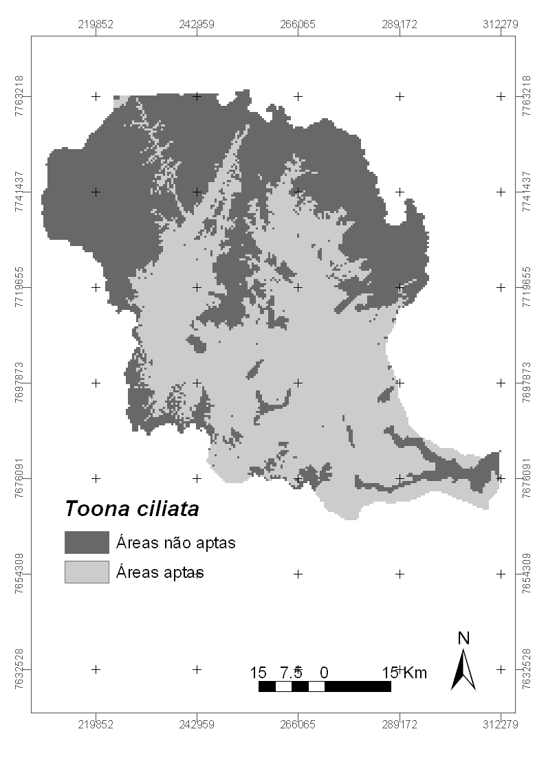 altitudes, seguindo ao norte da bacia, estão as áreas mais adequadas ao plantio (cor cinza clara no mapa). Para esta espécie foram encontrados 324.