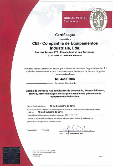 Certificação NP4457:2007 e ISO9001:2008 Gestão da Inovação e da Qualidade nas actividades de Concepção,