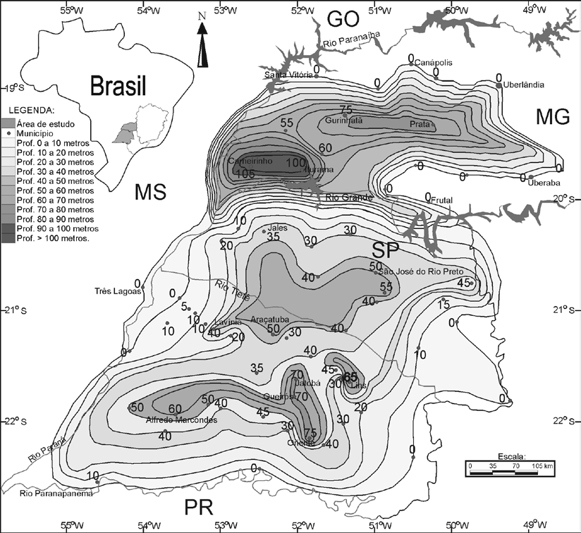 Alessandro Batezelli Figura 13 - Paleotopografia do substrato da Bacia Bauru durante a fase de sedimentação lacustre da Bacia Bauru (Datum estratigráfico: topo da associação de fácies lacustre -