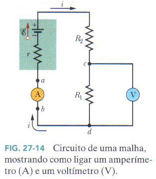 O Voltímetro (V) O instrumento utilizado para medir diferenças de potencial é chamado de voltímetro (V). Ele é ligado em paralelo, entre os dois pontos em que a diferença de potencial será medida.