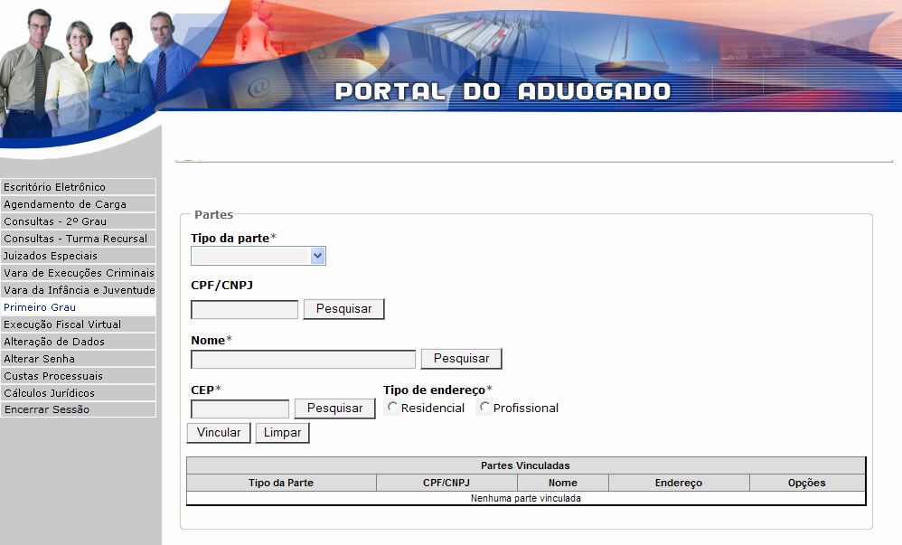 Tela 5 Dados das Partes: 5.1 Tipo da Parte (Autor/Réu,ente outras opções a depender do tipo da ação); 5.2 CPF (Obrigatório para autor/réu - exceto para menores e ações penais); 5.