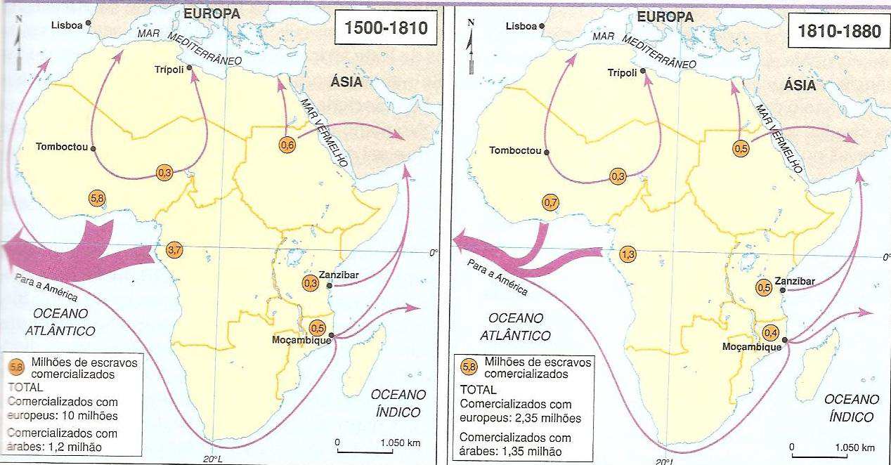 Africanidades: alguns aspectos da História Africana dos Negros no Brasil; Rota do comércio de escravos (1500-1880) Direções do tráfico