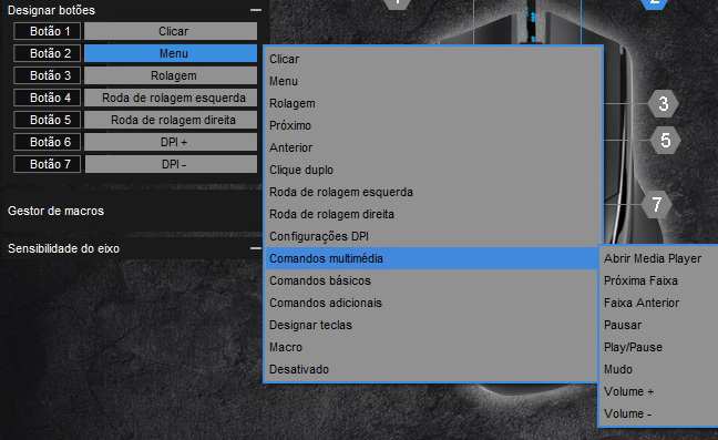 9.11 Desginar botões Atribua cada botão do mouse com uma função através do menu Designar botões.