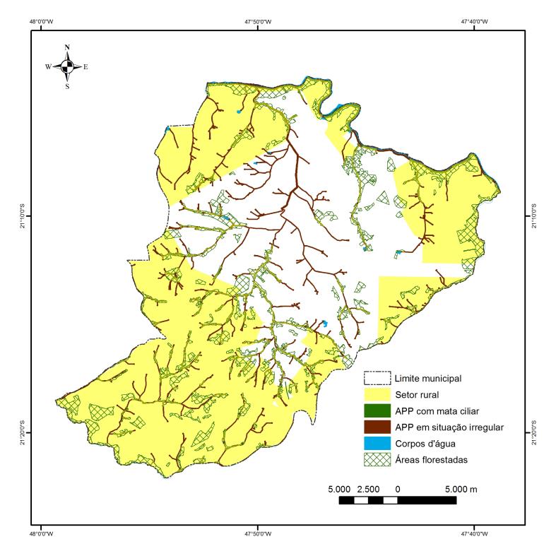 A área rural do município de Ribeirão Preto corresponde a 37.341,1 ha, excluindo-se as APP e os corpos d água (incluse os lagos e represas), obtem-se 34.784,4 ha.