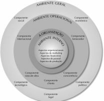Ambientes da organização O ambiente de uma organização é geralmente dividido em três níveis: geral, operacional e interno. A organização, os níveis de seu ambiente e os componentes desses níveis.