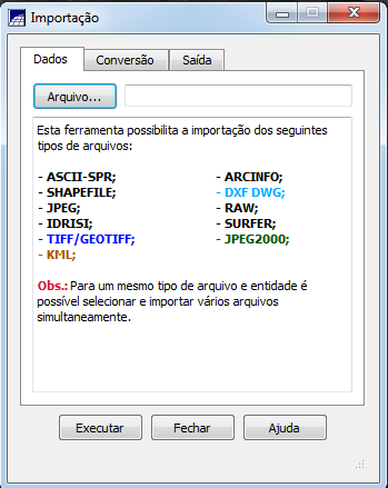 Importando Linhas e Polígonos Ao acionar a opção Importar Dados Vetoriais e Matriciais, abre-se a janela ao lado, dispondo todos os tipos de arquivos