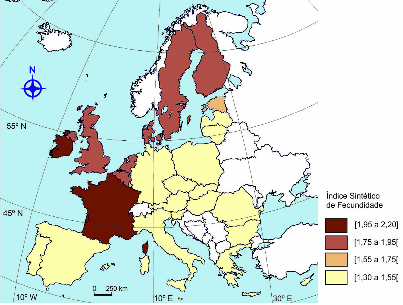 GRUPO V Na Europa, o número de nascimentos diminuiu significativamente nas últimas décadas do século XX. A Figura 5 representa o índice sintético de fecundidade, em 2008, nos países da União Europeia.