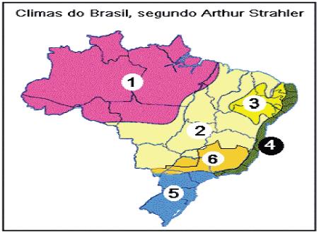 Disponível: www.google.com/mapas/climas. Acesso: 02/02/2013 Com base no mapa acima, segundo a classificação de STRAHELER, o clima predominante da região número 02 corresponde ao: a) Clima equatorial.