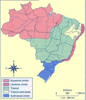 Questão 1 Em uma aula de Geografia Física do Brasil, a professora Inês Periente apresentou os seguintes mapas temáticos: Mapa 1: Climas do Brasil Mapa 2: Relevo do Brasil MOREIRA, Igor.