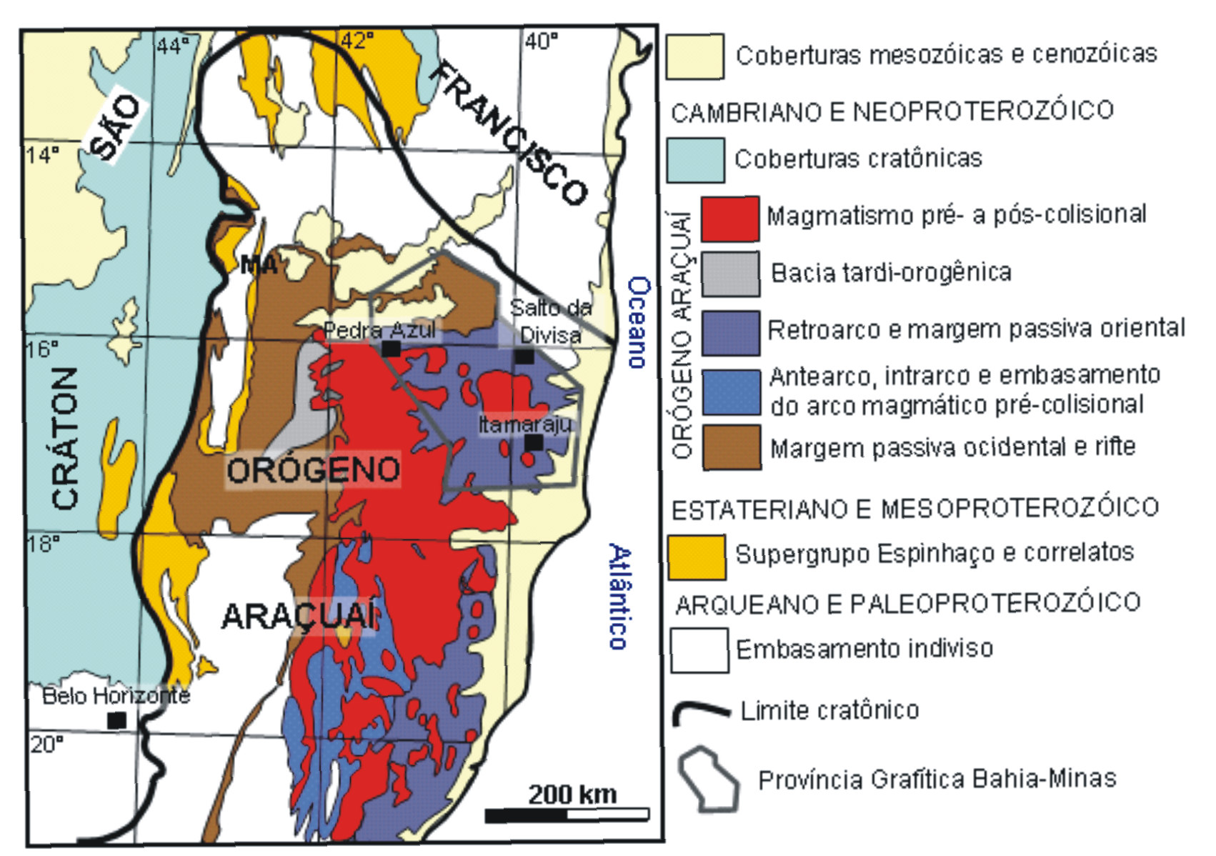 II GEOLOGIA REGIONAL Este capítulo apresenta uma síntese do conhecimento geológico sobre a Província Grafítica do Nordeste de Minas Gerais e Sul da Bahia (Província Bahia-Minas), focalizando as