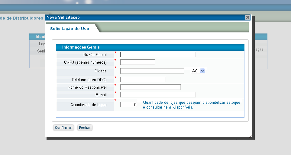 _ Preencha as informações solicitadas. Após o preenchimento dos dados solicitados, acione o botão "Confirmar" para concluir o registro dos dados.