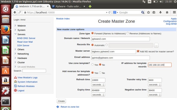 Zone Type: Forward Domain name /NetworK: nome do domínio Master Server: Nome da nossa máquina já com o respectivo do domínio E-mail Address: Por exemplo, o nosso endereço de e-mail IP address for