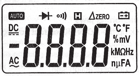 6- Display LCD Indicação de faixa automática Indicação de teste de diodo Indicação de continuidade Indicação de retenção de dado Indicação de medição relativa Indicação de bateria fraca Indicação de