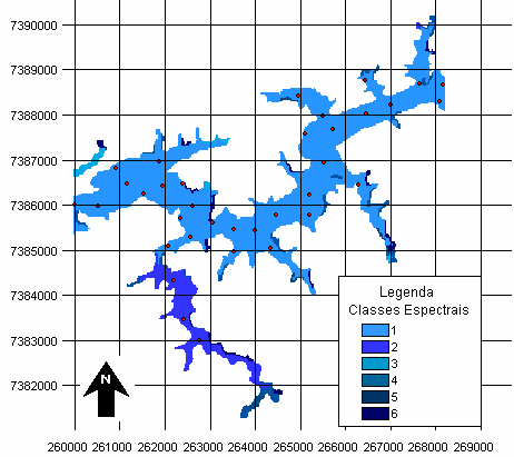 66 Figura 21 - Esquema amostral com 35 pontos sobreposto na classificação na imagem de maio de 2003 Verifica-se na Figura 21 que as localizações dos elementos amostrais abrangem toda a região do