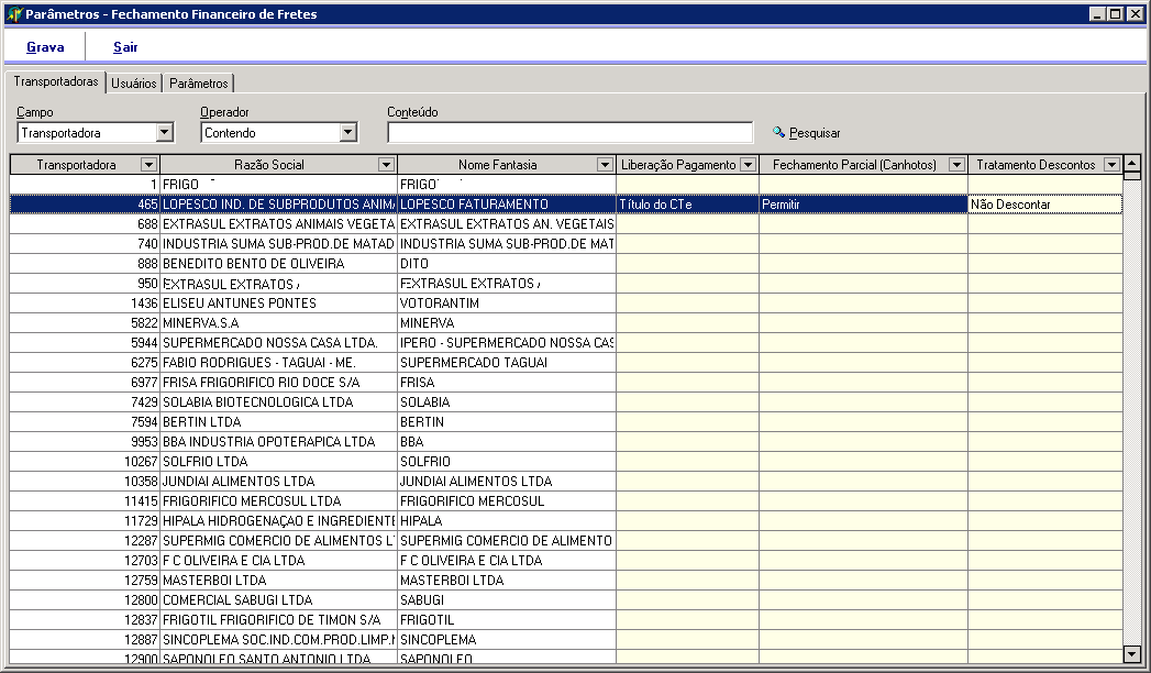 2 Parâmetro de Fechamento Financeiro de Fretes - Aba Transportadoras Foi criada a aba Transportadoras no programa Parâmetros - Fechamento Financeiro de fretes onde será necessário configurar as