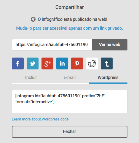 Figura 4 - O código exibido no segundo quadro deve ser colado na HTML da publicação para que o redirecionamento do infográfico seja exibido junto ao texto, enquanto os botões no meio da caixa