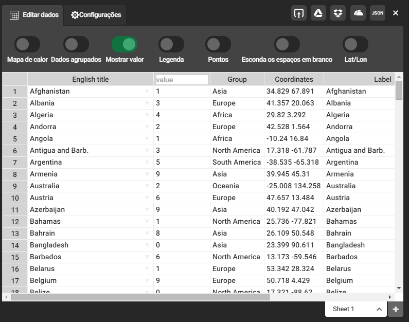 Figura 6 - Tabela de edição do mapa-múndi Assim como em gráficos, é possível nomear os componentes do mapa e agregar um valor a eles, além de inseri-los em grupos (no caso do mapamúndi, os grupos são