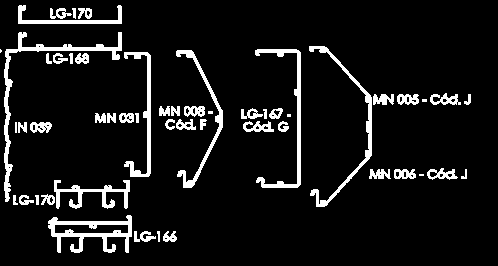 21) (0802G) Usinagem de furação do marco lateral LG-170 com persiana integrada, montando como marco superior o perfil LG-168 e tampas internas MN-031, MN-032, MN-008, LG-167 e
