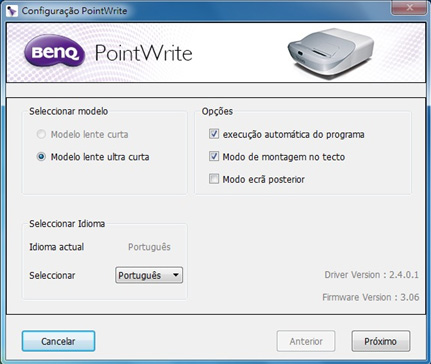 Configuração PointWrite: Seleccione o tipo de PointWrite que pretende usar. 2. Idioma PointWrite: O idioma predefinido é o mesmo do seu sistema operativo.