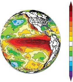 4. (UERJ 2015) No mapa abaixo, está representada a variação média da temperatura dos oceanos em um determinado mês do ano.