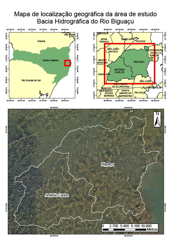 A bacia hidrográfica do rio Biguaçu, localizada na região central do litoral catarinense, é limitada pelas coordenadas 27º 22 e 27º 34 de latitude Sul e 48º 56 e 48º 38 de longitude Oeste de