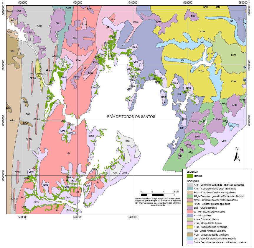 Figura 2: Mapa geológico da área em superfície ao redor da BTS (Fonte: CBPM 2002) Como parte do projeto Monitoramento Ambiental de Áreas de Risco a Derrames de Petróleo e seus Derivados