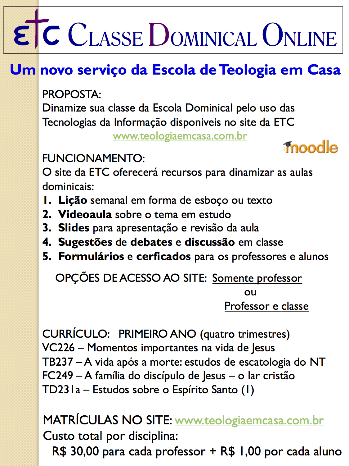 ETC Catálogo de disciplinas e estudos 2016 Álvaro C. Pestana virtual em sua classe da Escola Dominical.